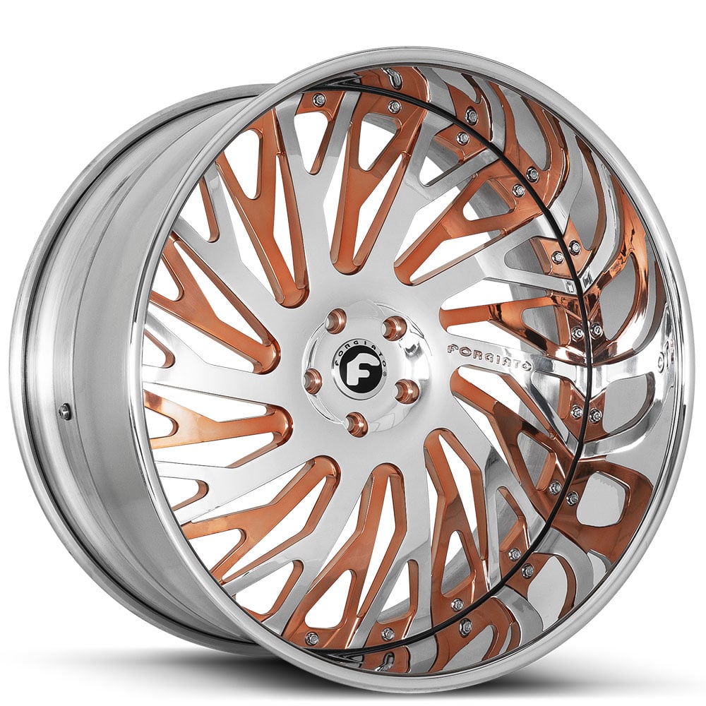 22" Staggered Forgiato Wheels Biaforca Brushed Silver Face with Rose Gold Accents and Chrome Lip Forged Rims 22" Staggered Forgiato Wheels Biaforca Brushed Silver Face with Rose Gold Accents and Chrome Lip Forged Rims