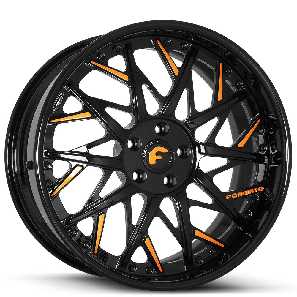 22" Staggered Forgiato Wheels Blocco Gloss Black with Mango Orange Accents Forged Rims 22" Staggered Forgiato Wheels Blocco Gloss Black with Mango Orange Accents Forged Rims